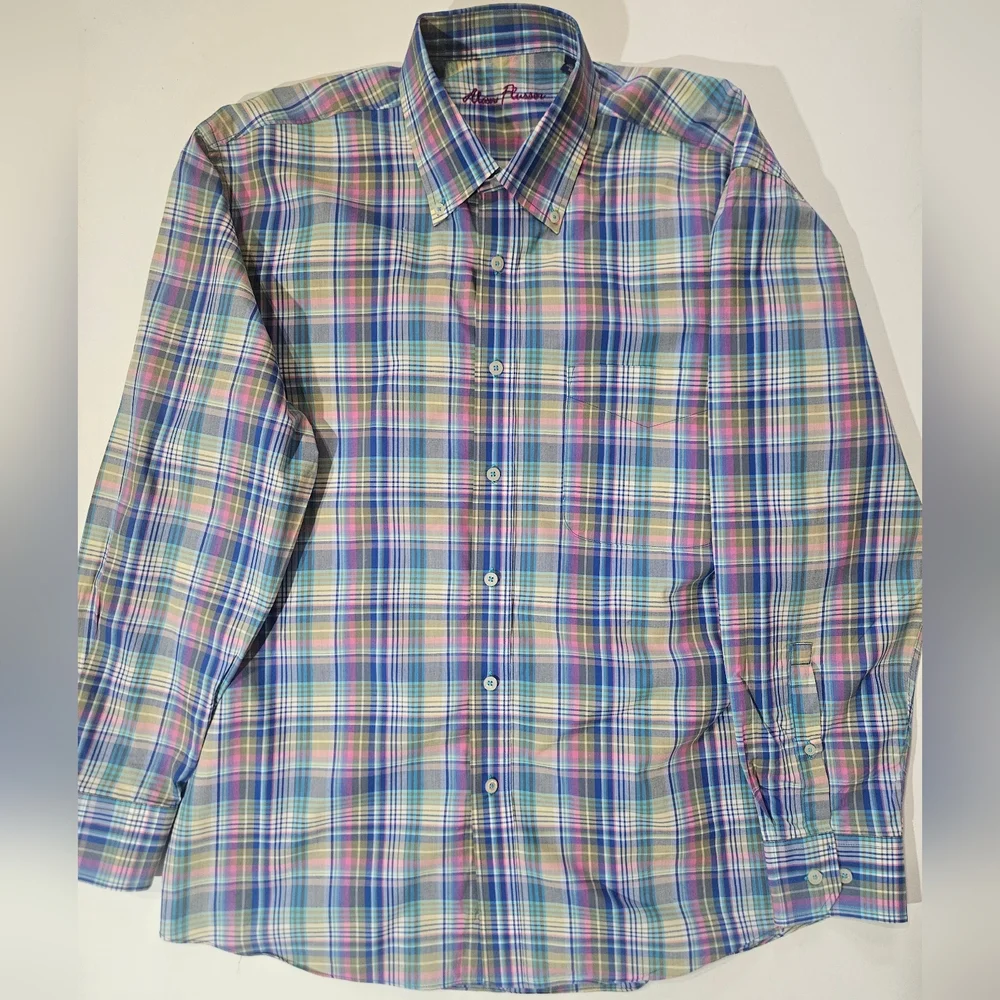 Alan‎ Flusser Button Down Shirt Mens Large Blue Green Pink Plaid Business Casual